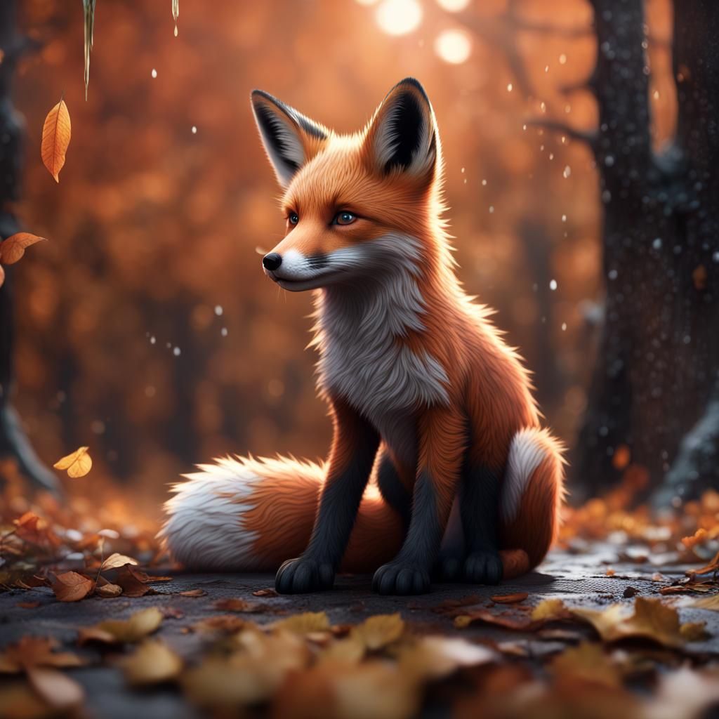Sad Fox Pup in Autumn Rain, Detailed Painting