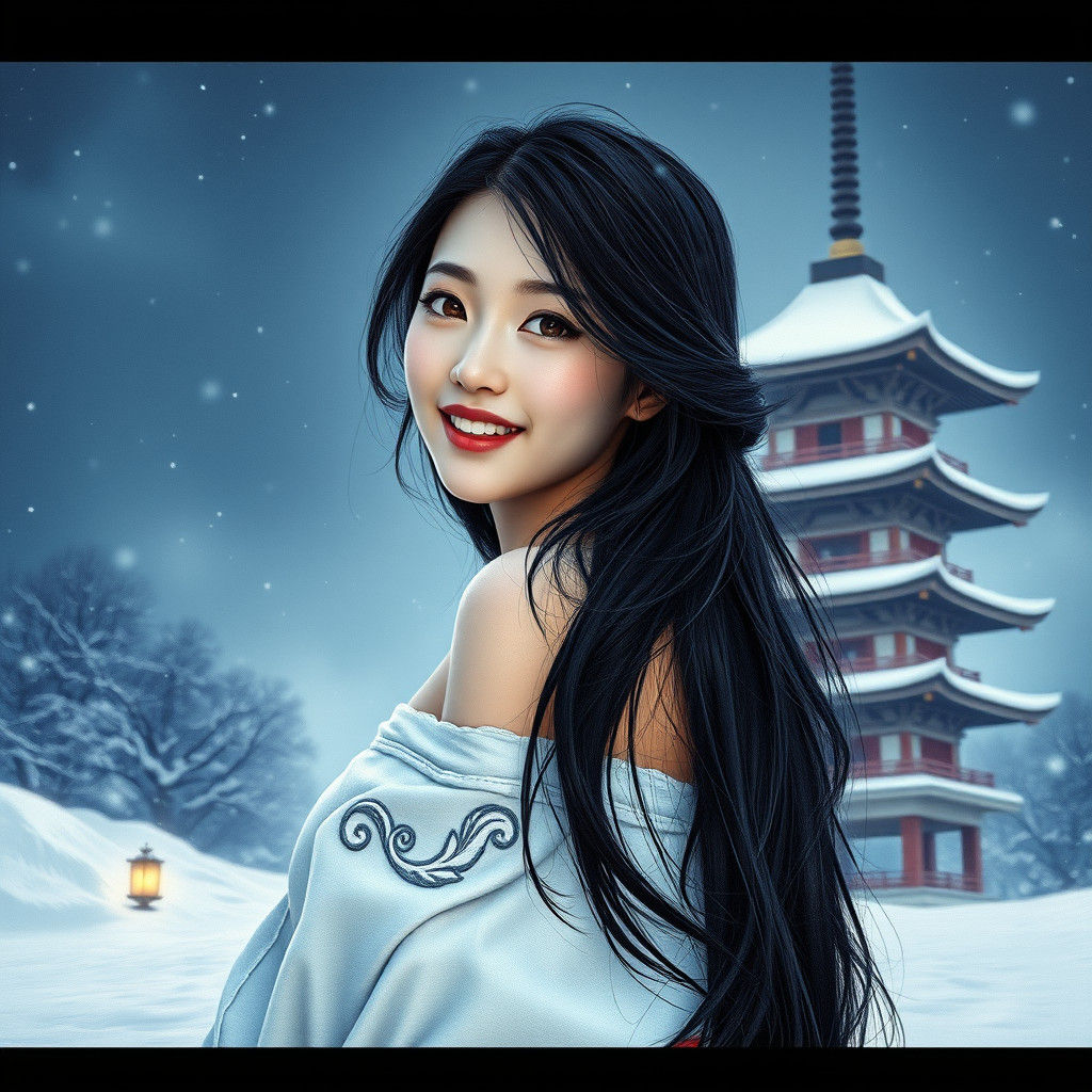 Icy Silhouette: Japanese Woman in Winter Wonderland