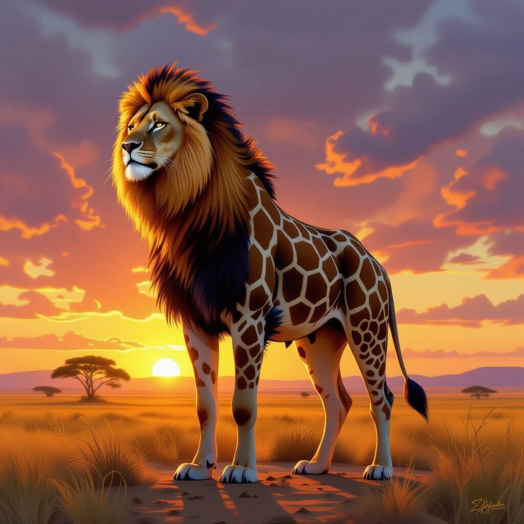 Surreal Chimera: Lion, Giraffe, Elephant, Hyena Hybrid