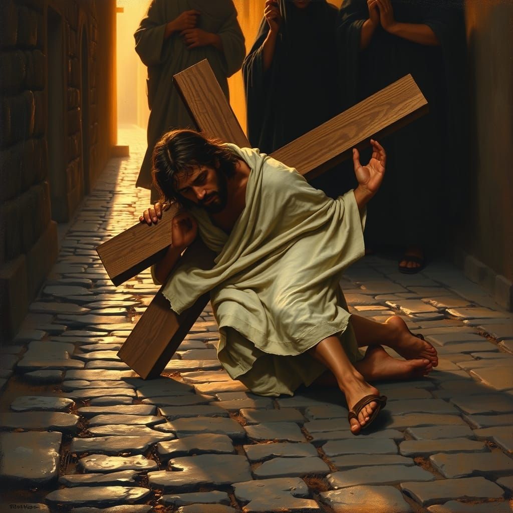 Jesus Falls at the First Station, in the Style of Rembrandt