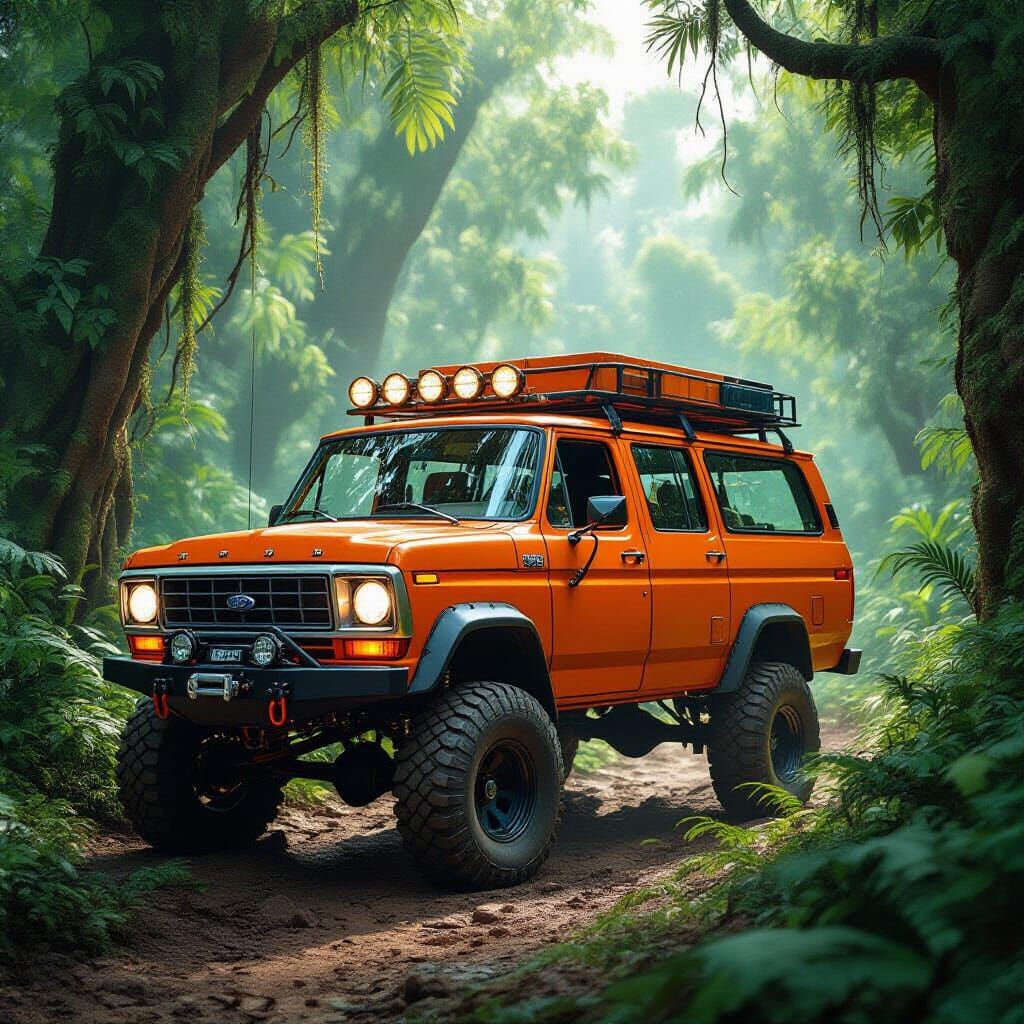 Orange Ford Van Navigates Jungle Path
