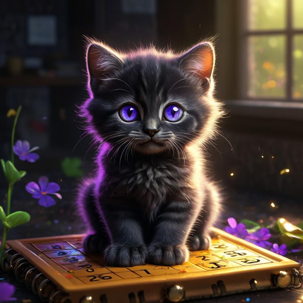 Cute Black Kitten on Calendar, Detailed Digital Art