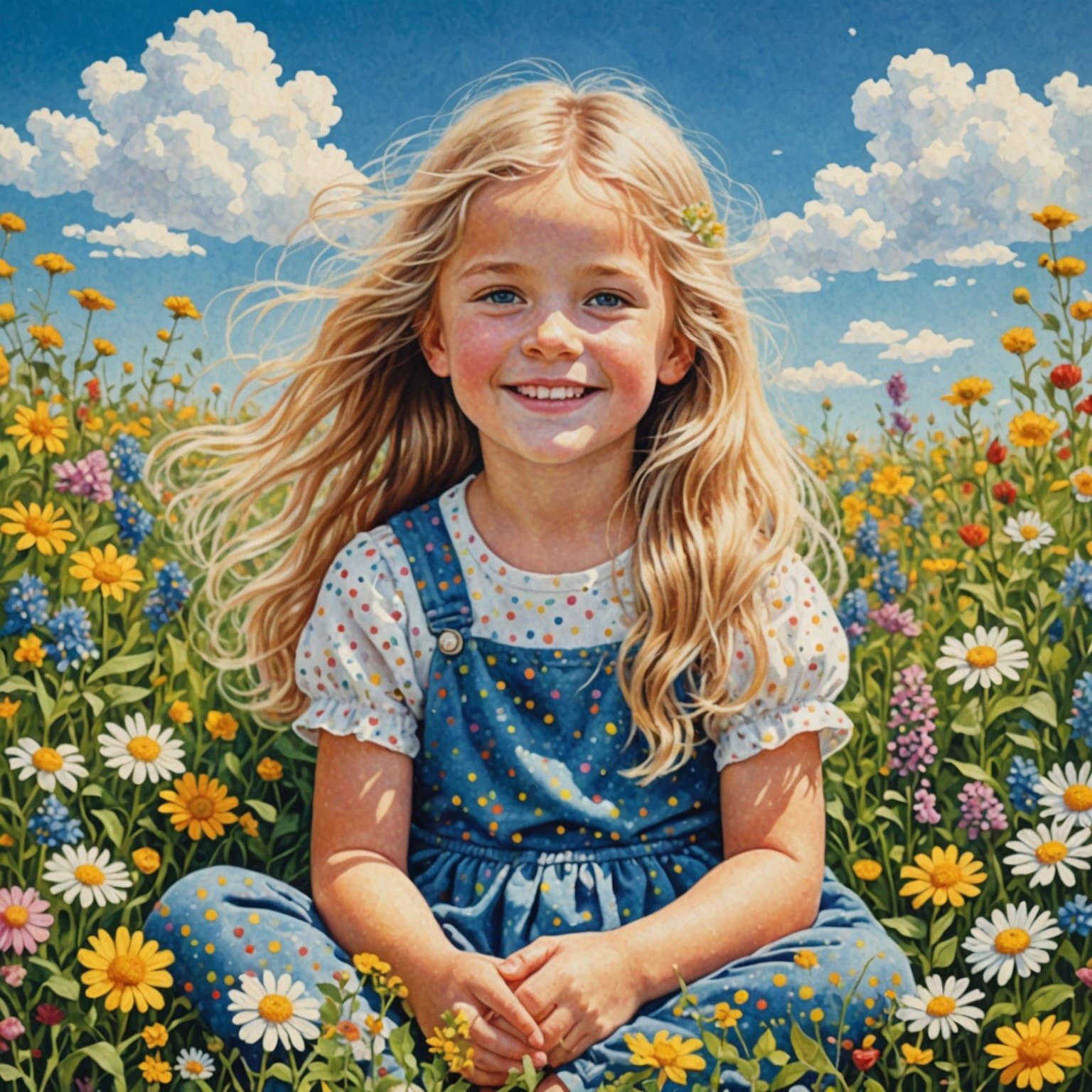 Pointillist Portrait of a Girl in Wildflowers