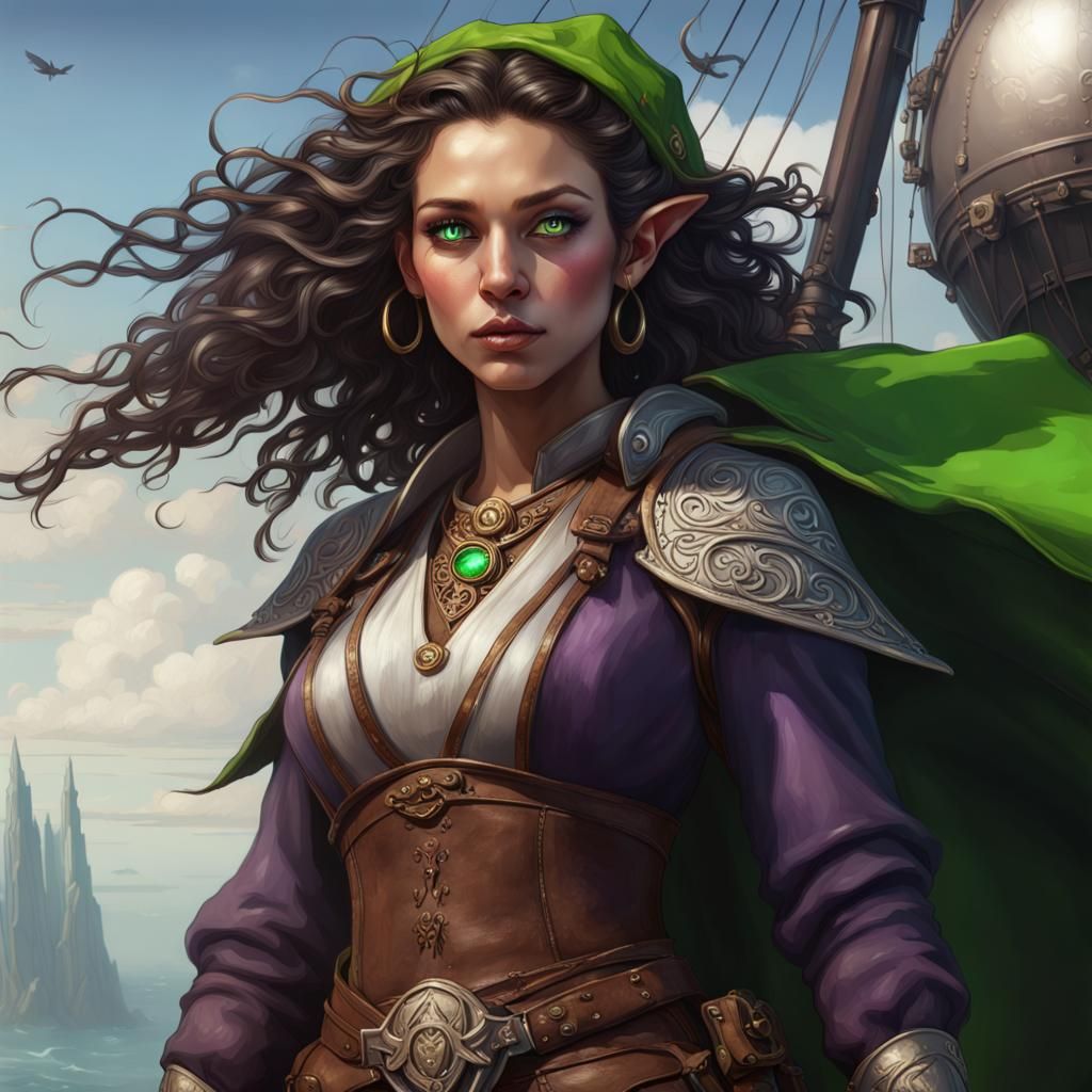 Half-Elf Druid on Airship: Dark Fantasy Art