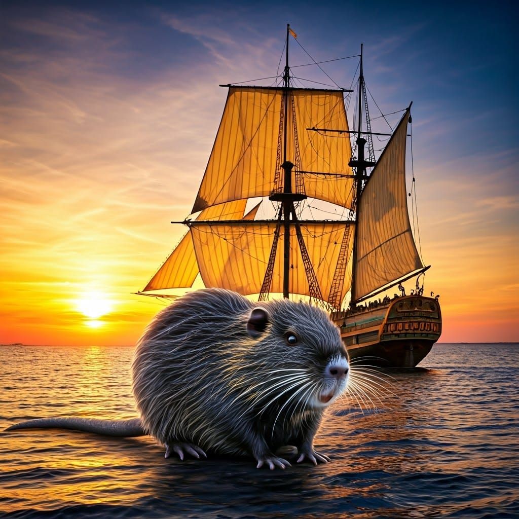 Small Black Nutria Walks on Water with Golden Sails in Sunse...