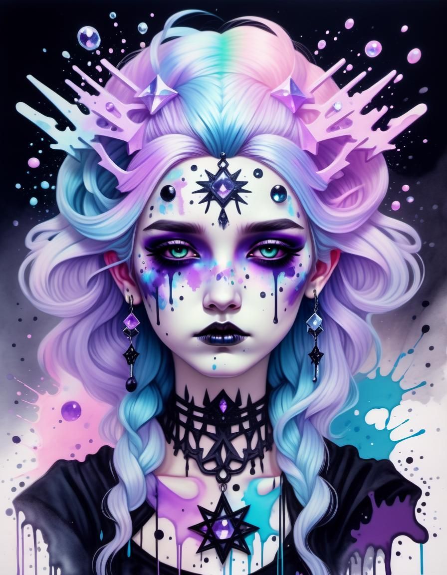 Goddess of Crystals in Pastel Goth Ink Splatter