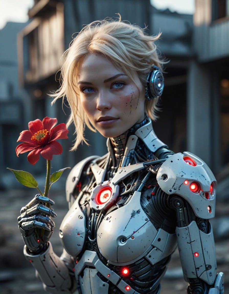 Cyborg with Red Flower in Icy Wasteland