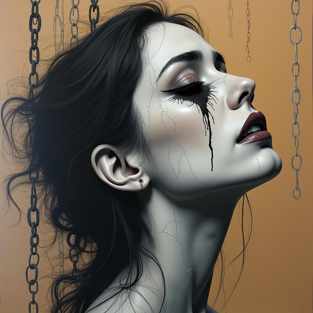 Despairing Woman with Cracked Skin in Charcoal Style