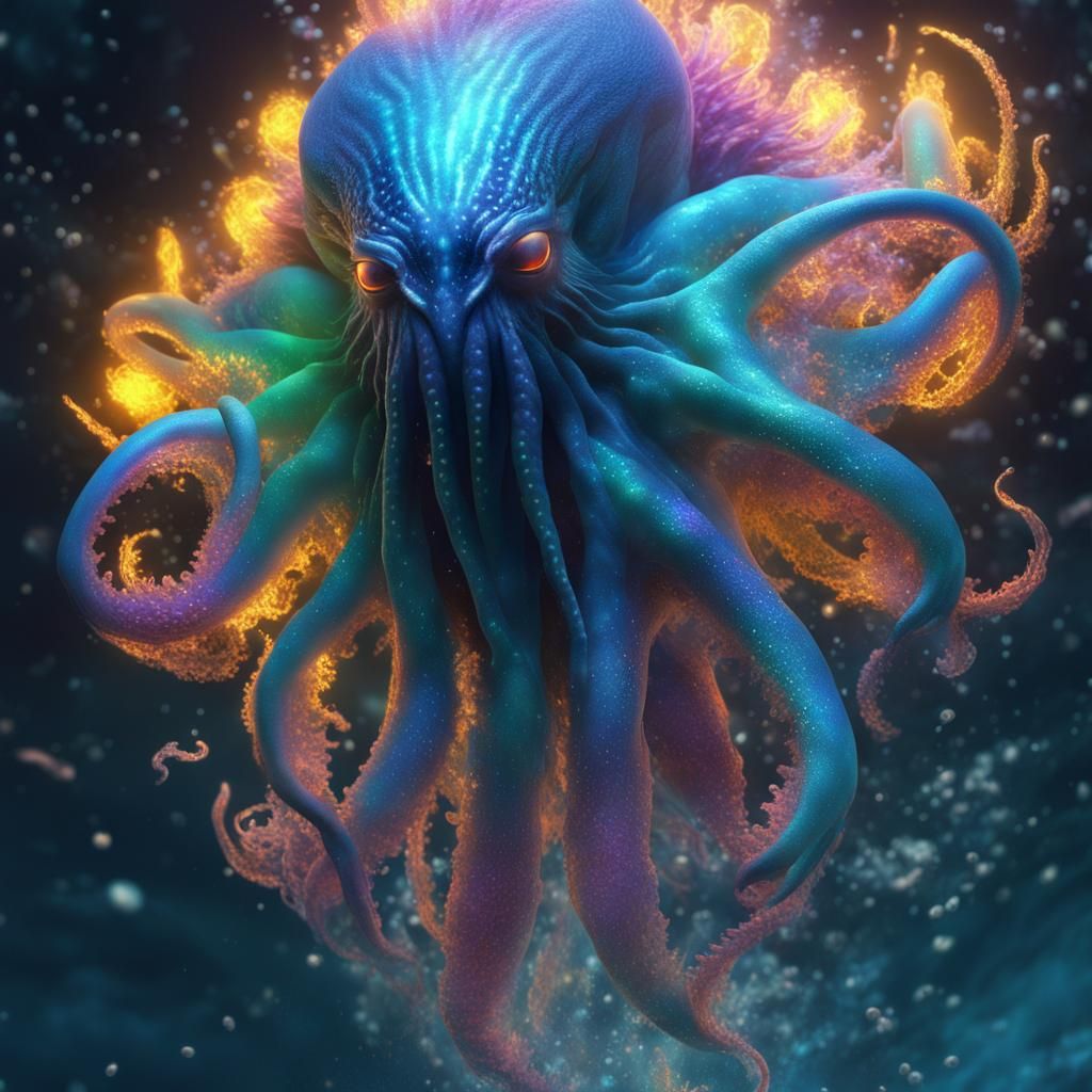 Handsome Kraken-Human Hybrid in Bioluminescent Ocean