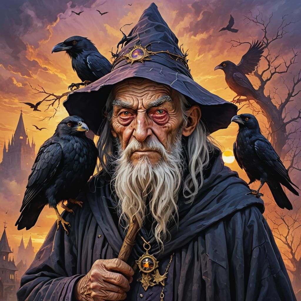 Menacing Wizard with Crow at Sunrise