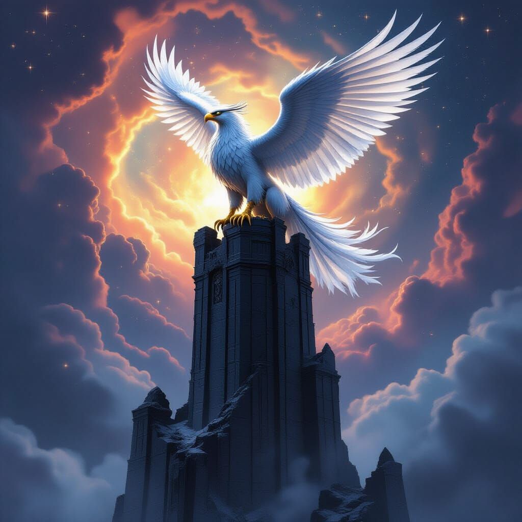 Majestic Griffin on Obsidian Tower Amidst Nebula