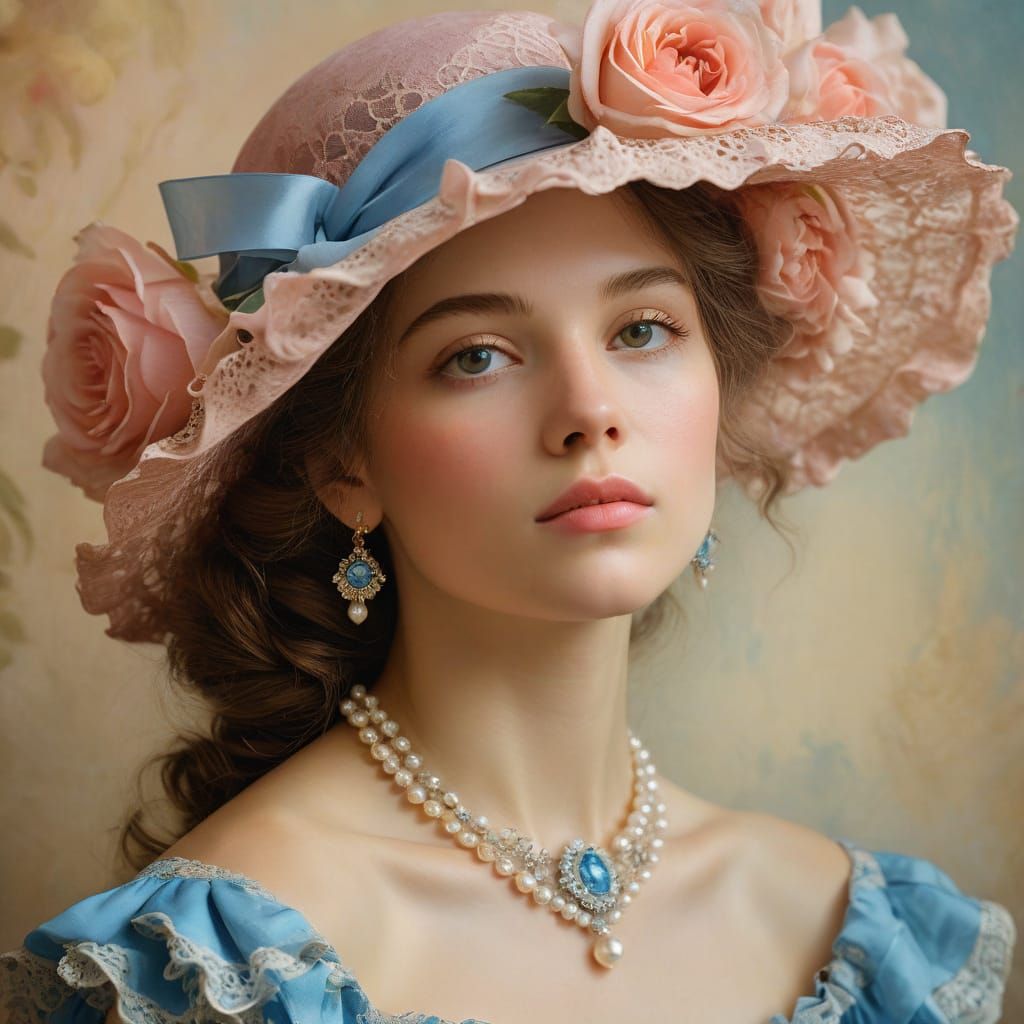 Elegant Woman in Blue Hat: Baroque Oil Painting