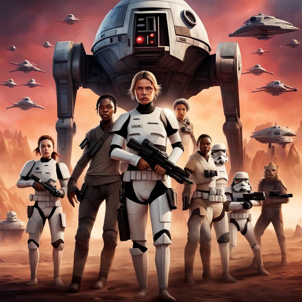 "Star Wars The Bad Batch with all of its main characters: Omega, Hunter, recker and Crosshair as a huge poster."