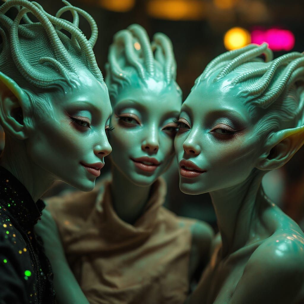 Smiling Aliens Celebrate in Futuristic Home