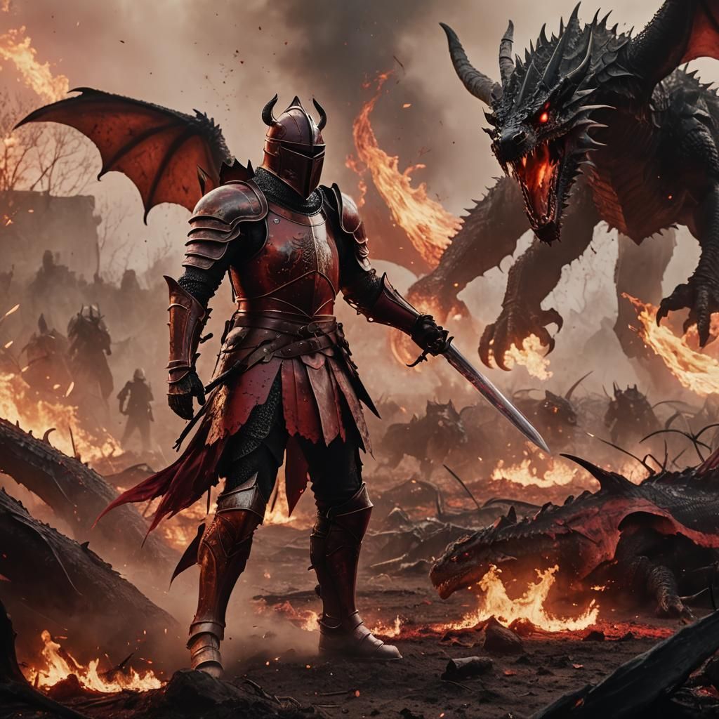 Winged Knight in Bloody Battlefield, Epic Fantasy Scene