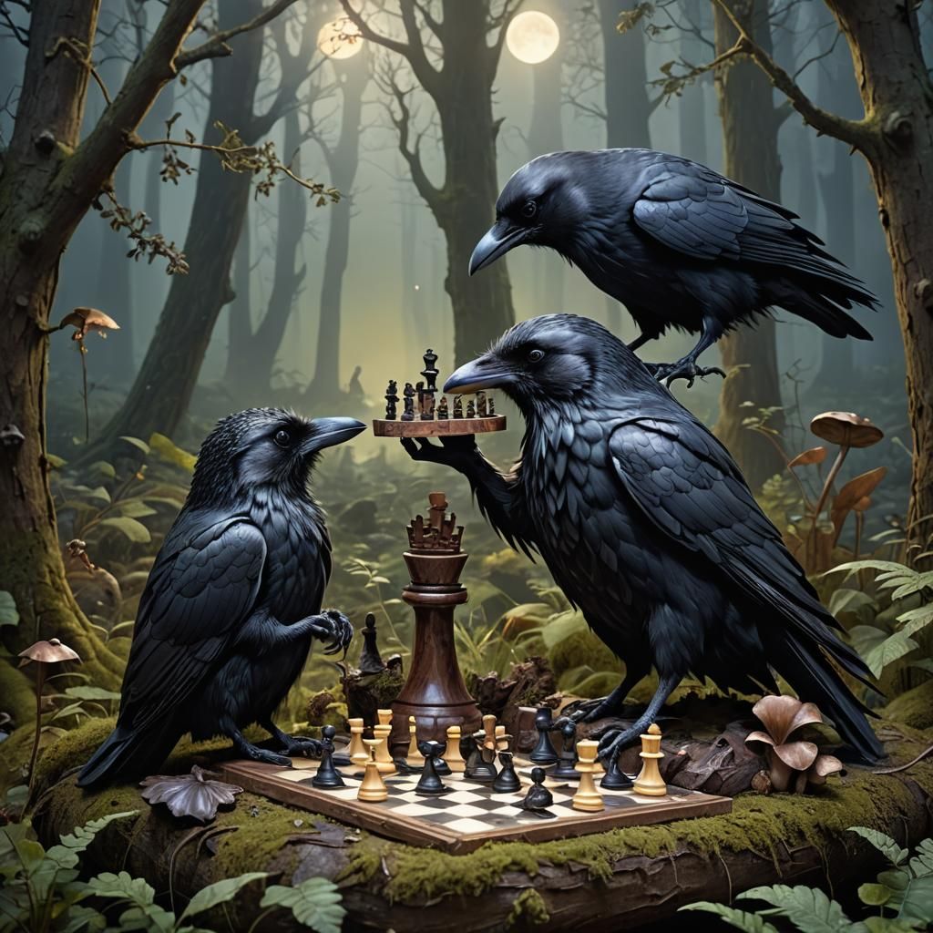 Raven and Hedgehog Play Chess in Enchanted Forest