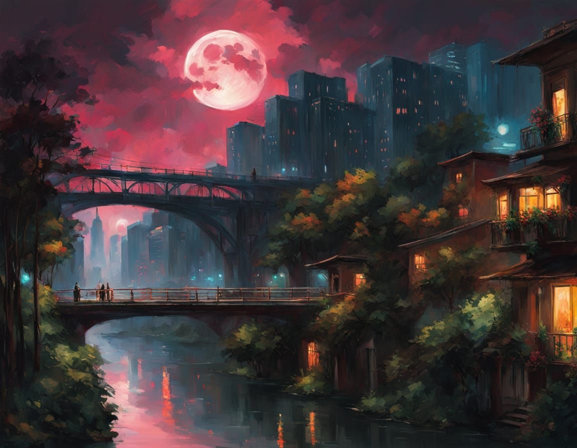 Surreal Cityscape at Night, in Impressionist Style