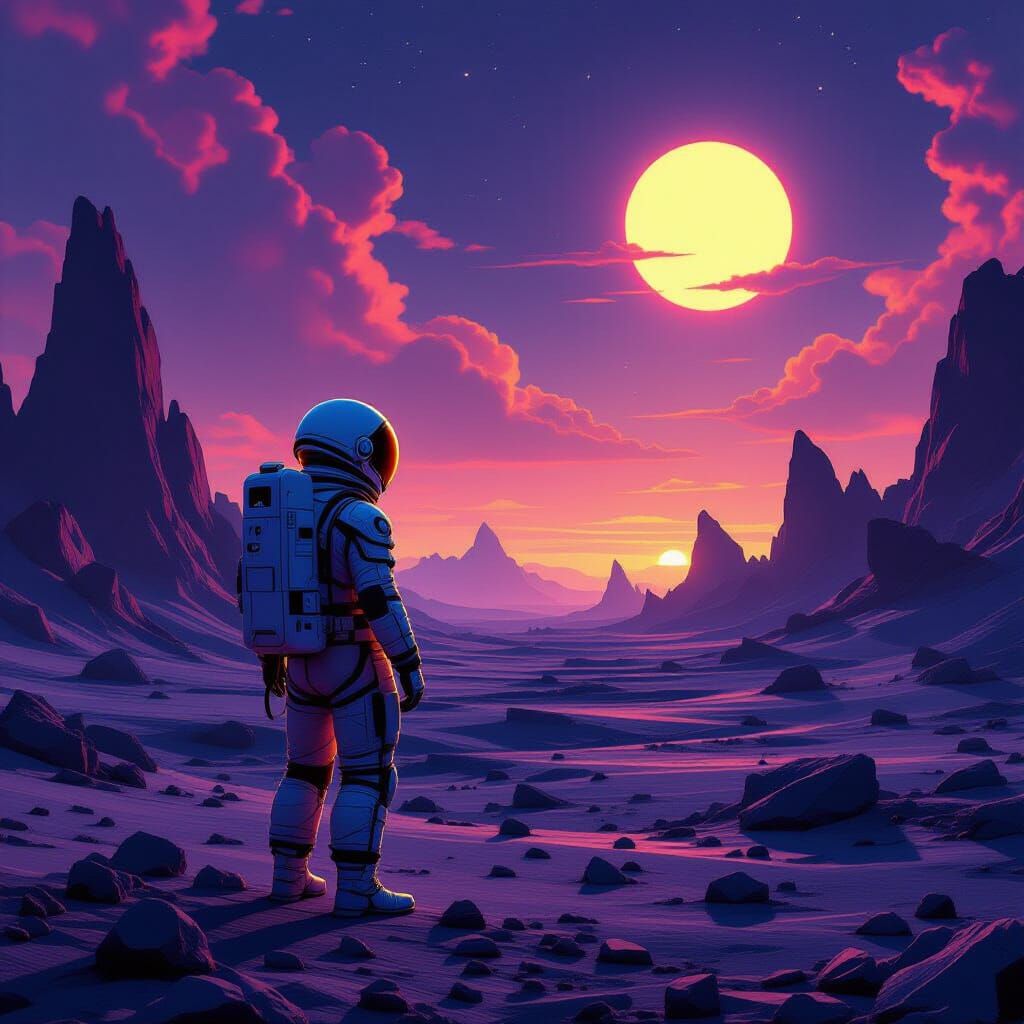 Astronaut on Alien Planet Under Binary Sunset