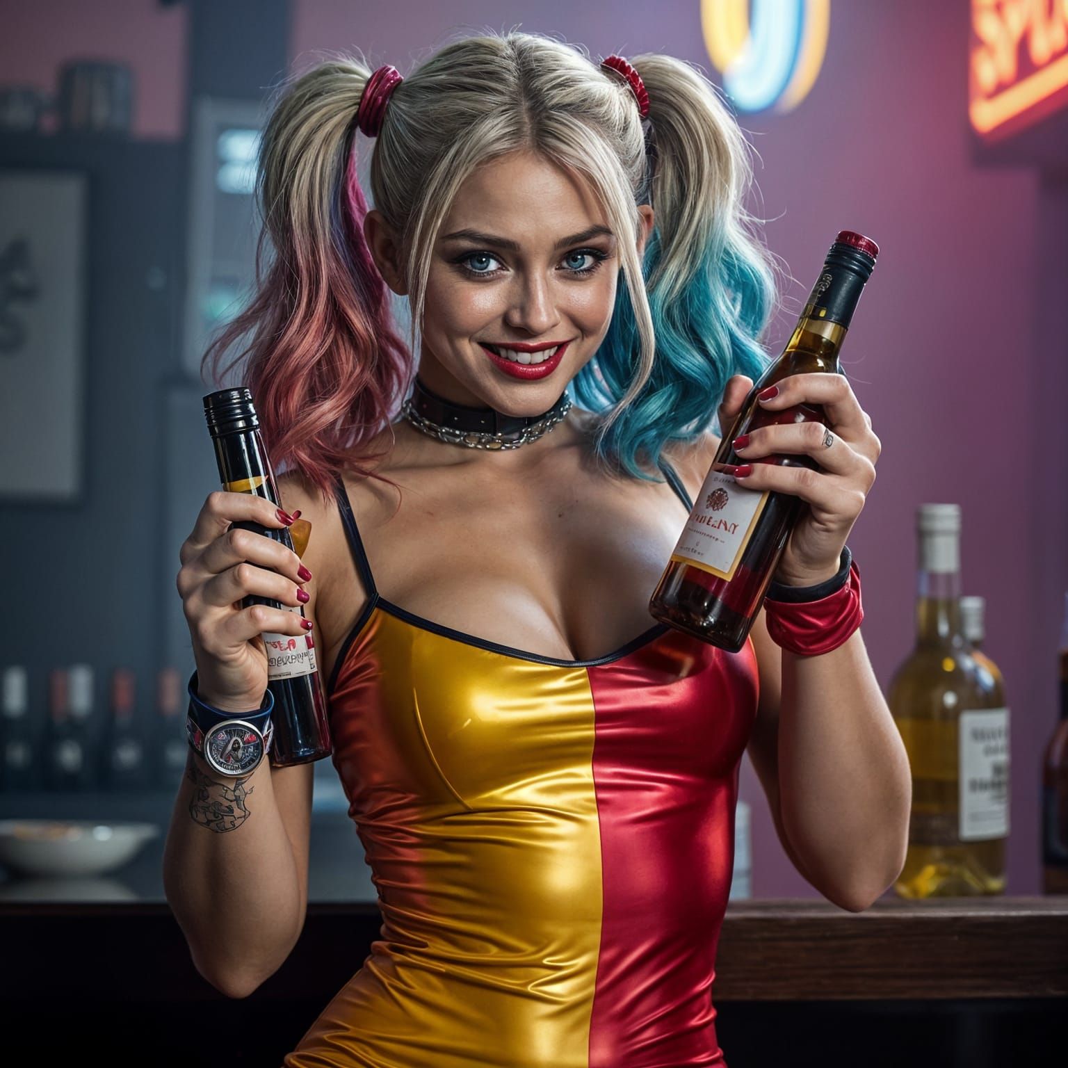 Hyperrealistic Dystopian Woman Holding Wine in a Colorful Dr...