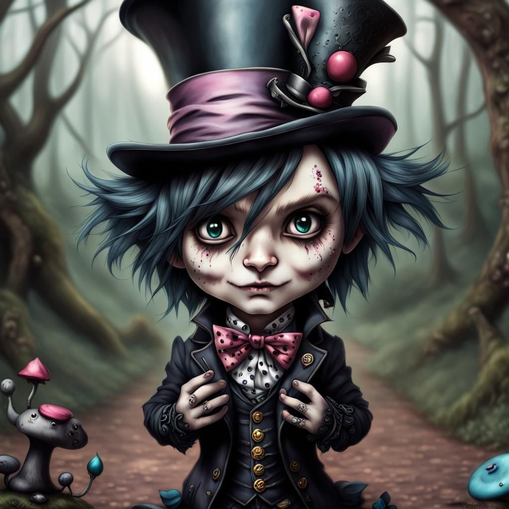 Hyper Realistic Chibi Goth Mad Hatter in Wonderland