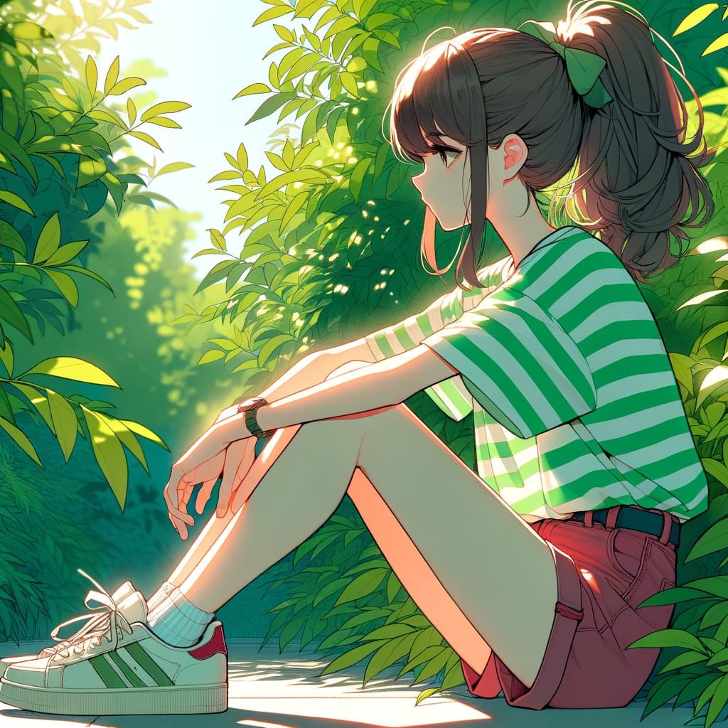 Anime Girl in Daylight Forest, 3D Rendered Style