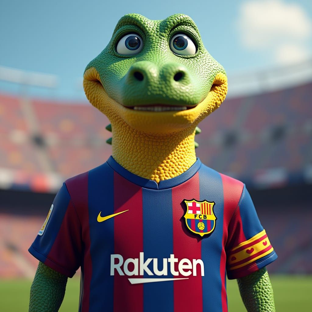 Smiling Crocodile in Barcelona Jersey in Football Stadium