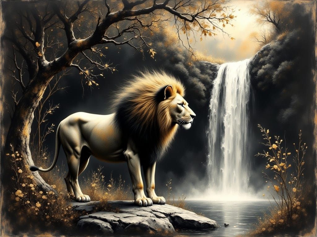 Majestic Lion in Jungle Glory with Shimmering Gold