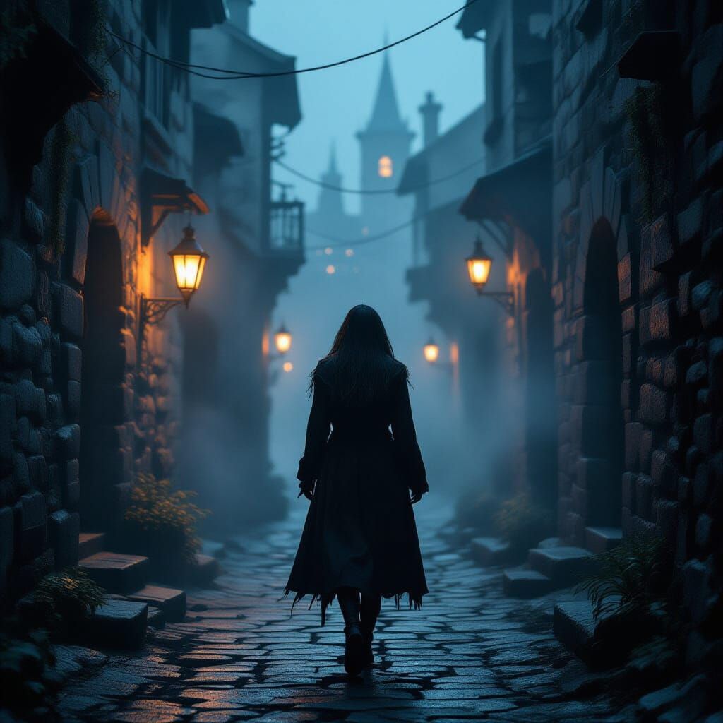 Lone Figure in Foggy Alleyways with Glowing Tavern