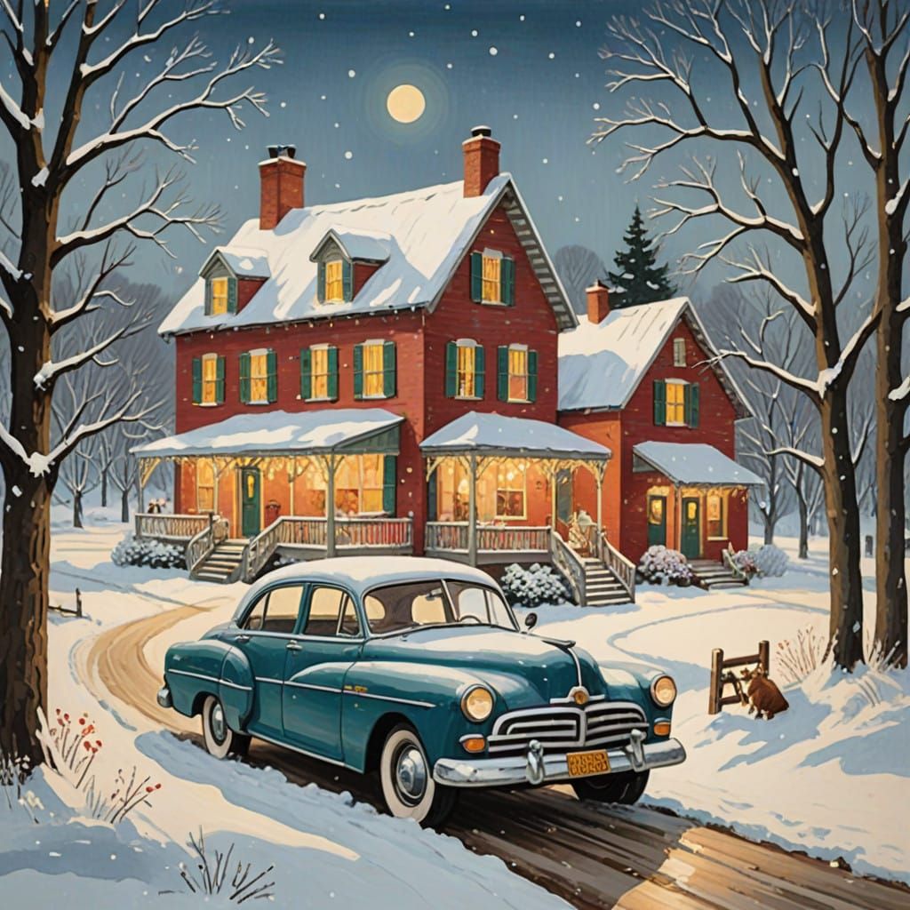 Vintage Tow Truck Emerges from Snowy Sedan in Whimsical Goua...