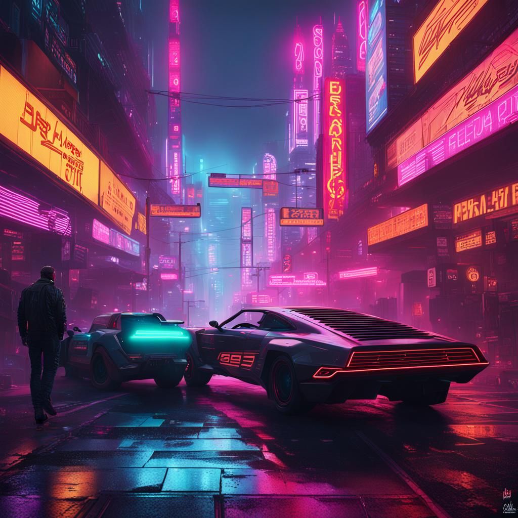 Hyperrealistic Cyberpunk Scene with Neon Lights