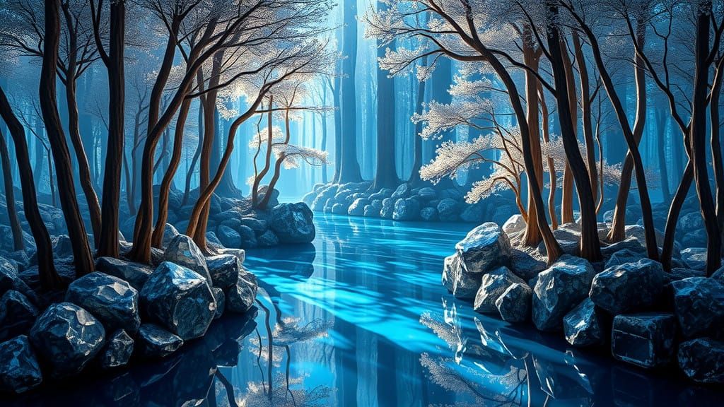 Majestic Sapphire River in a Crystal Forest