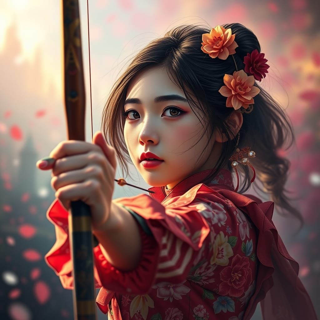 Ethereal Princess Launches Arrow into Vibrant Skies