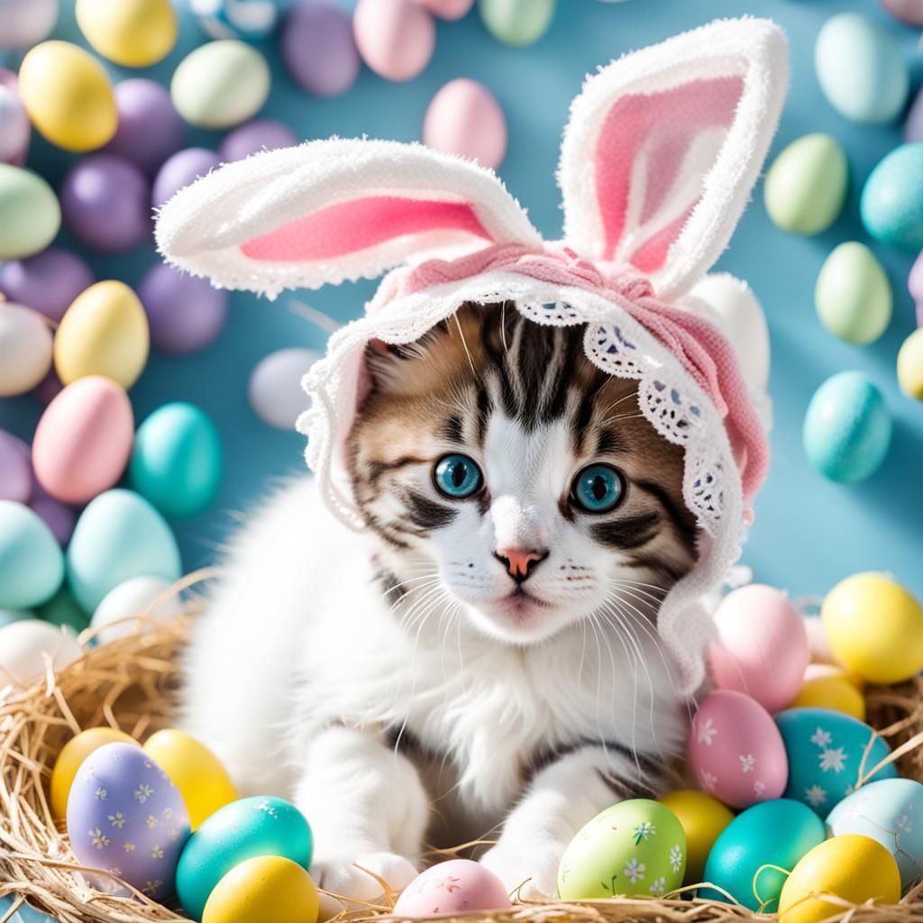 Kitten Dressed as Easter Bunny with Bonnet
