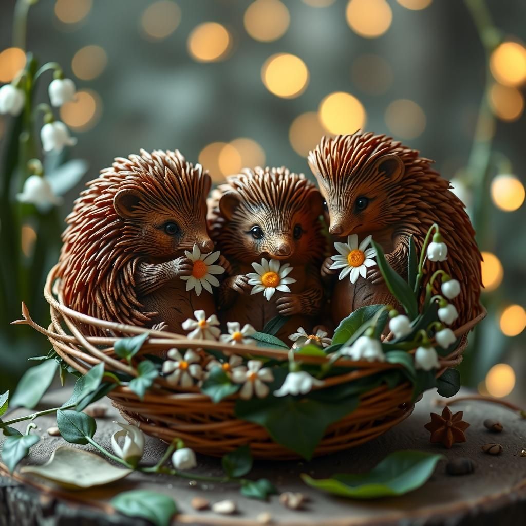 Hedgehogs in Wooden Art Nouveau Style