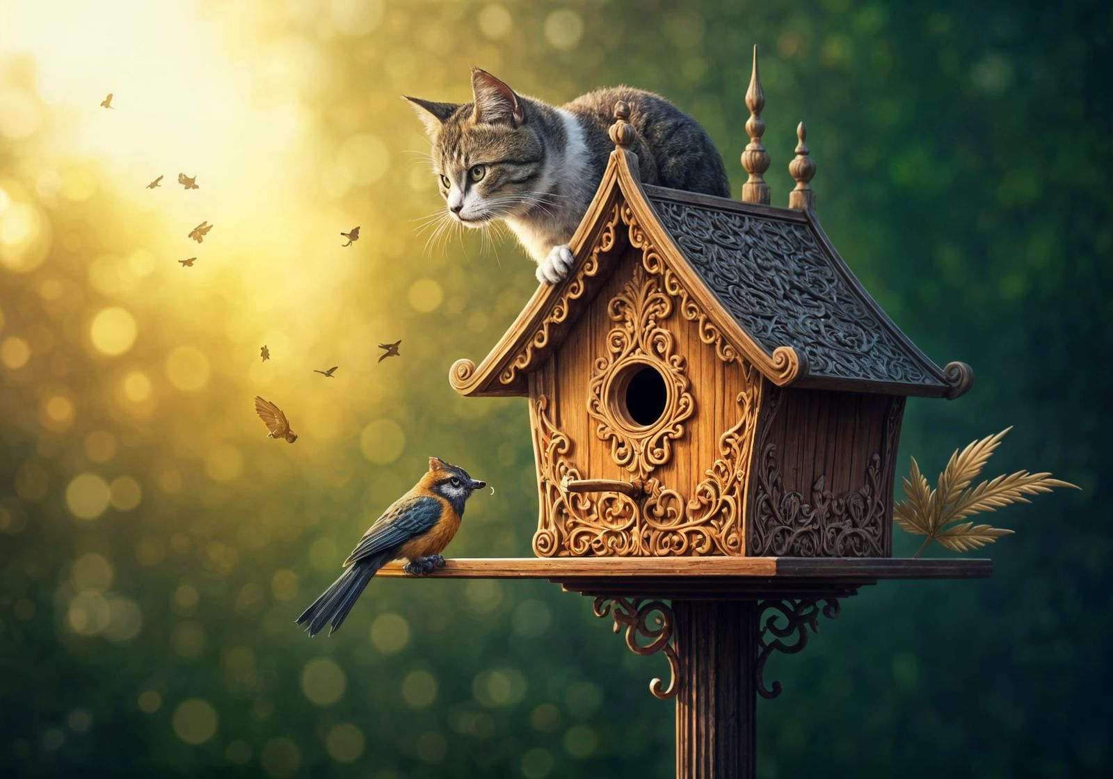 Ornate Birdhouse Standoff in Surreal Digital Art
