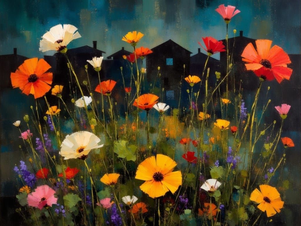 Vibrant Garden in a Dark Alleyway Scene