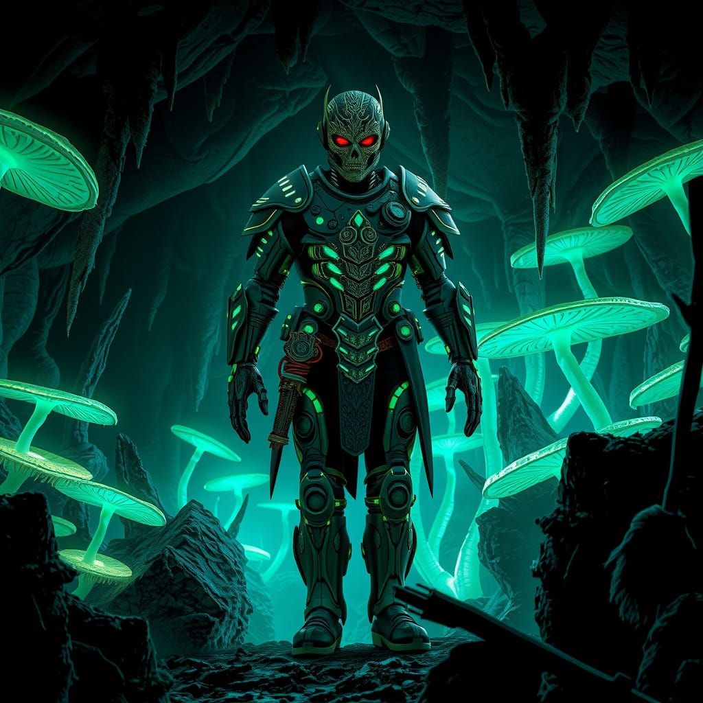 Cybernetic Warrior in an Alien Bioluminescent Forest
