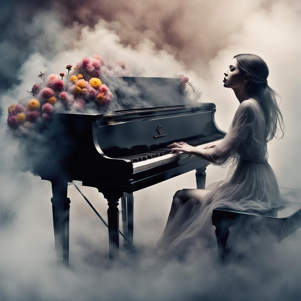 Ethereal Phantom Maiden Plays Piano in Dreamy Haze
