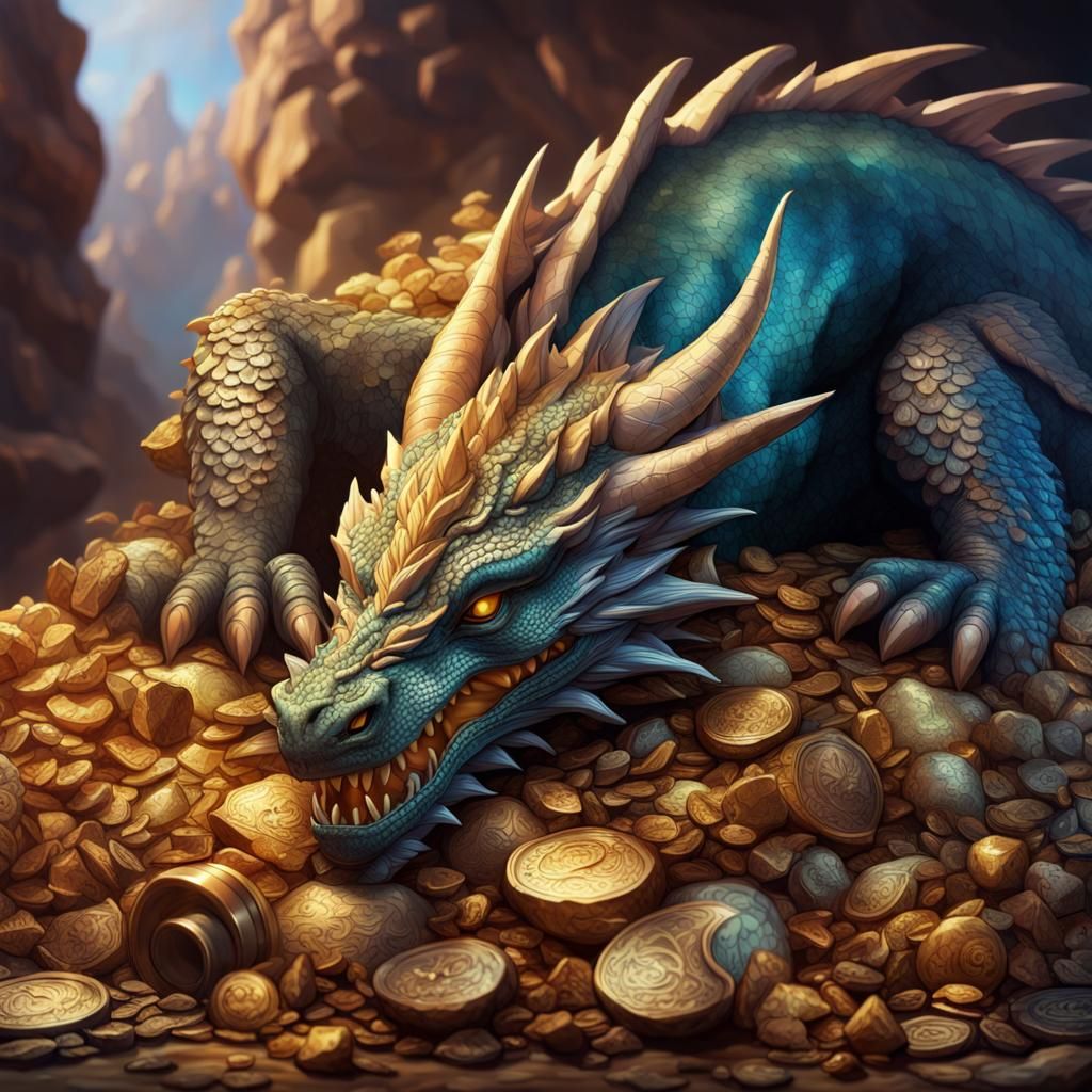 Dragon Sleeps on Treasure Pile: Hyperrealistic Art