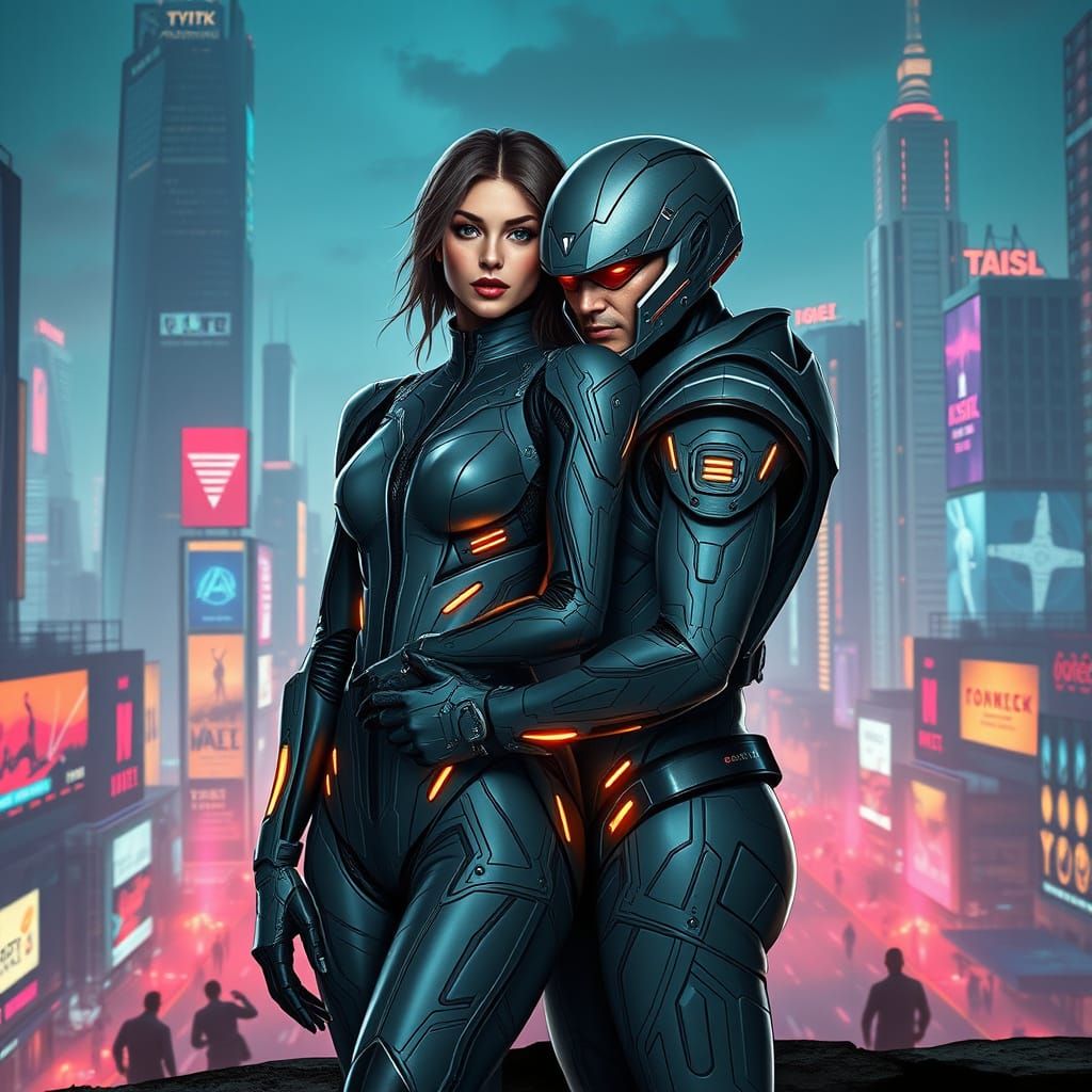 Cyberpunk Lovers Embrace in Neon City