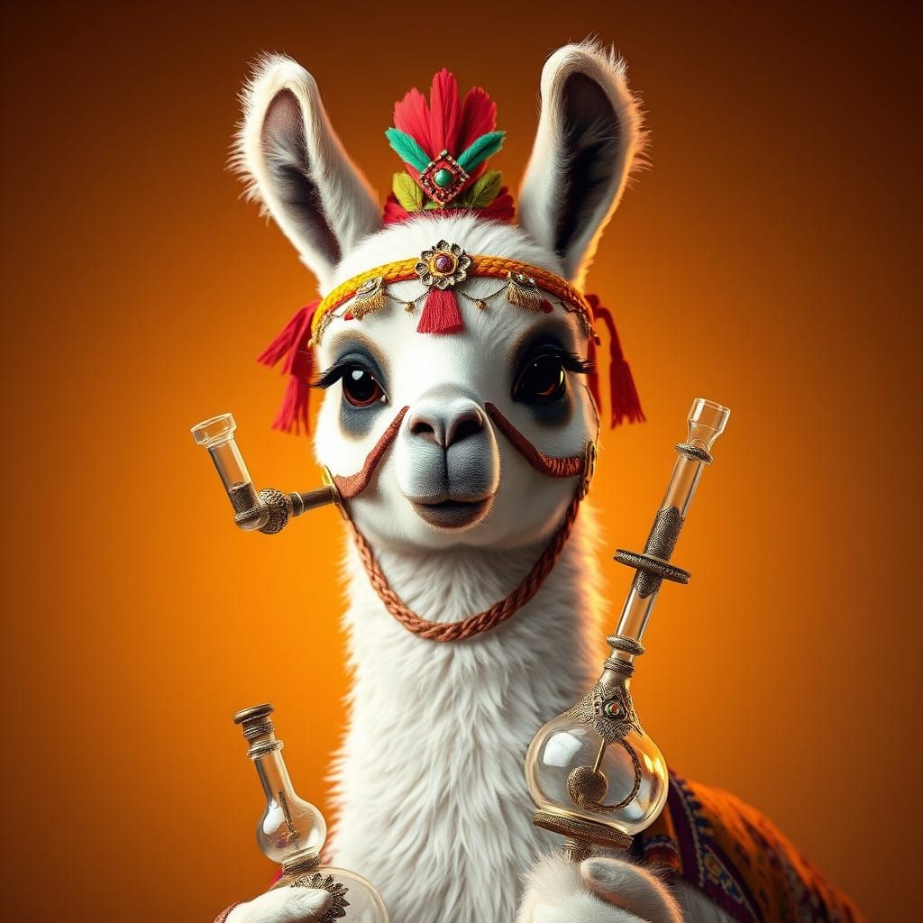 Llama in Vibrant Andean Attire with Bongs, Set Against Gradi...
