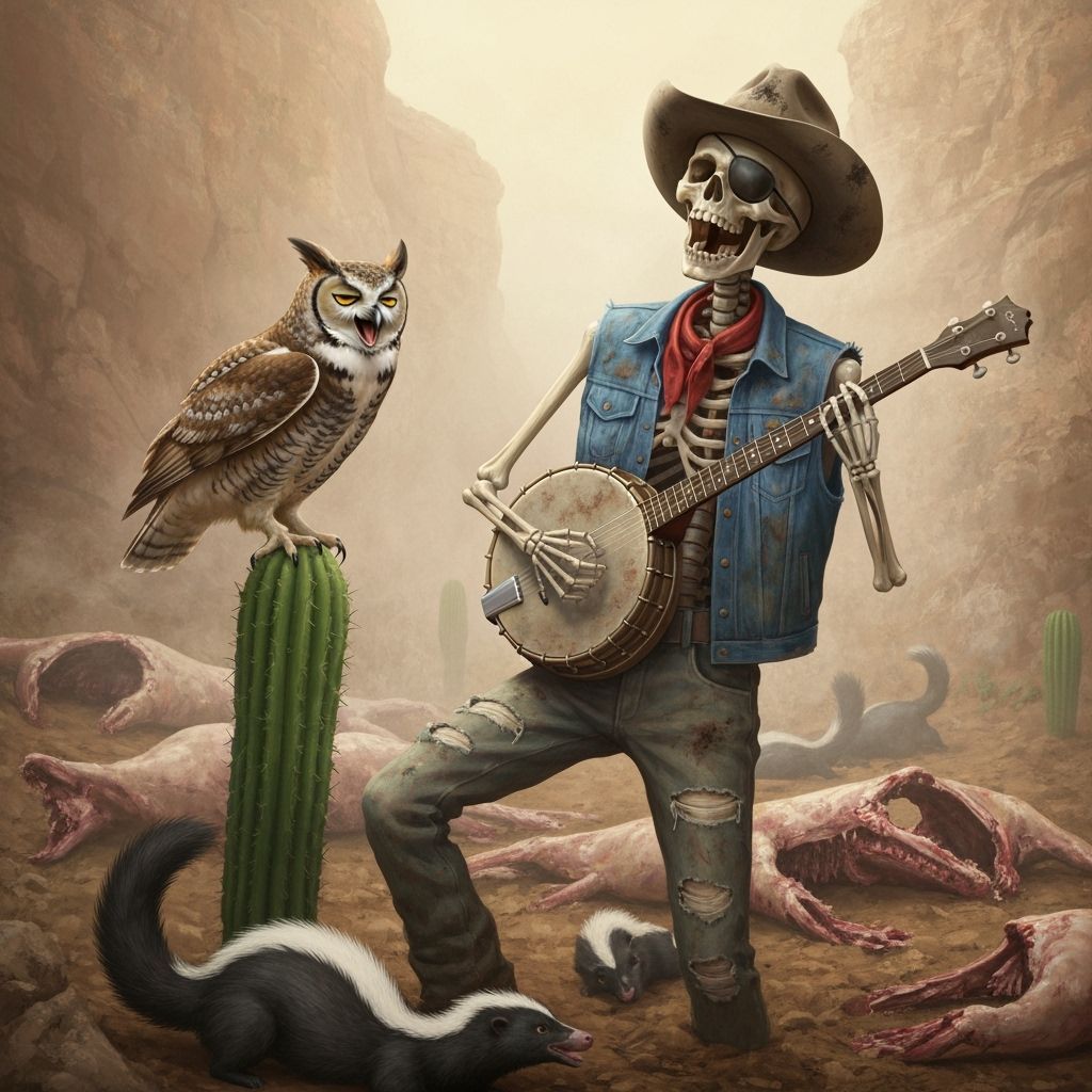 Drunken Owl and Cowboy Skeleton in Hazy Ravine