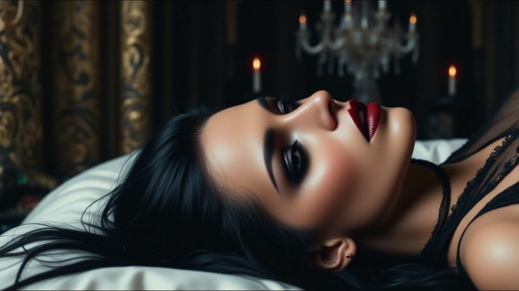 Dark Surrealist Woman in Velvet Gown, Sarcophagus, and Candl...