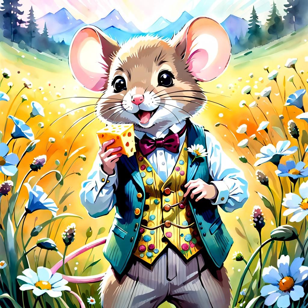 Mouse in Waistcoat with Cheese: Watercolor Illustration