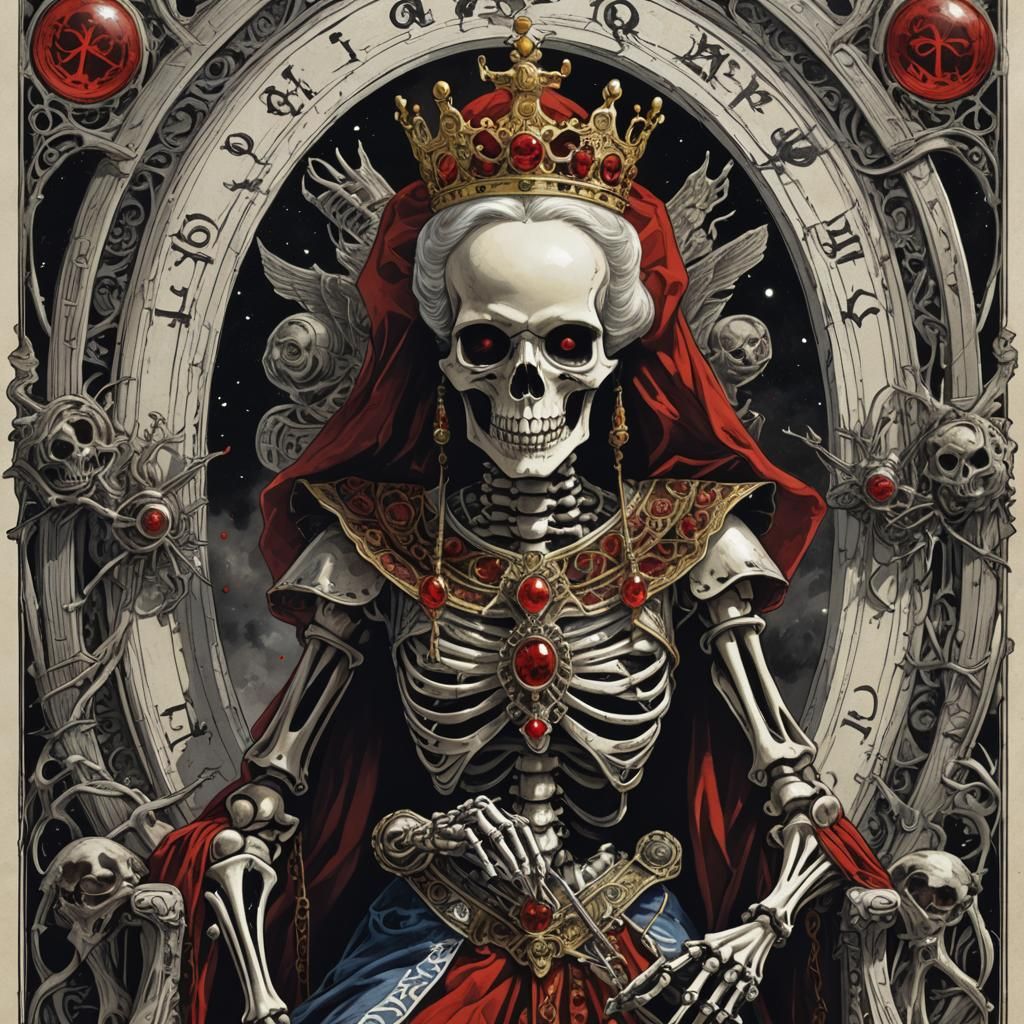 Skeleton Queen Tarot Card with Esoteric Symbols