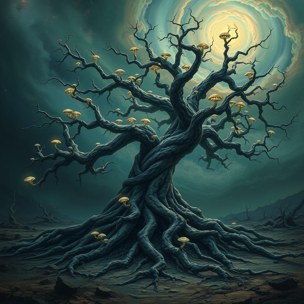 Ancient Gnarled Tree Under Swirling Nebulae Sky