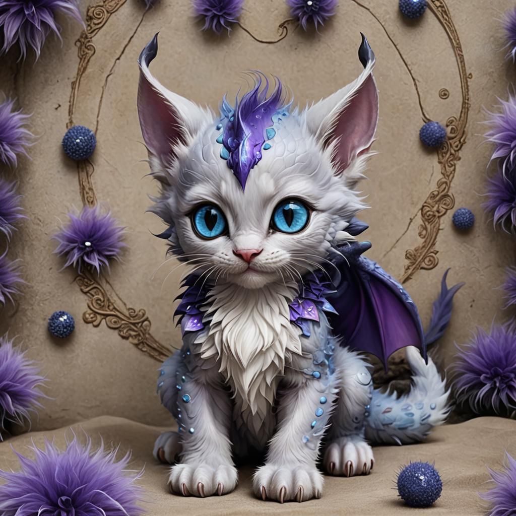 Adorable Dragon Kitten with Blue Eyes in Fantasy Art