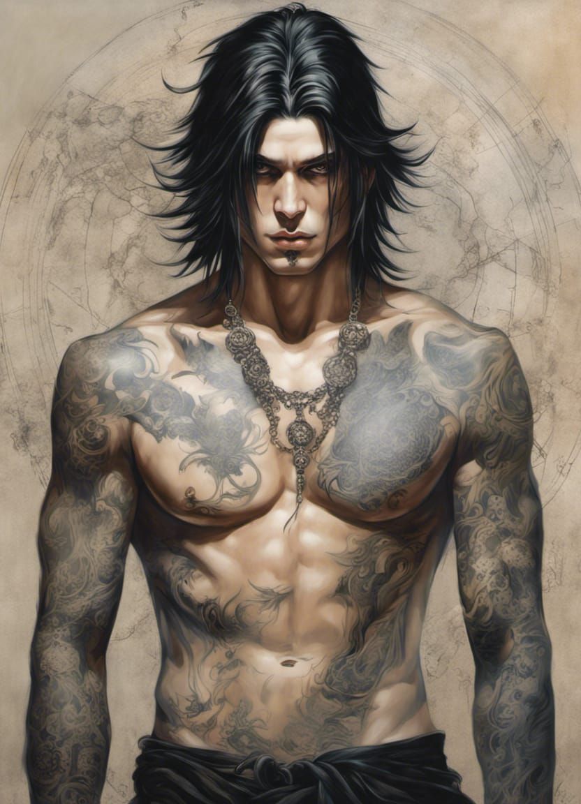 Gothic Oil Painting of Tattooed Man with Intense Gaze
