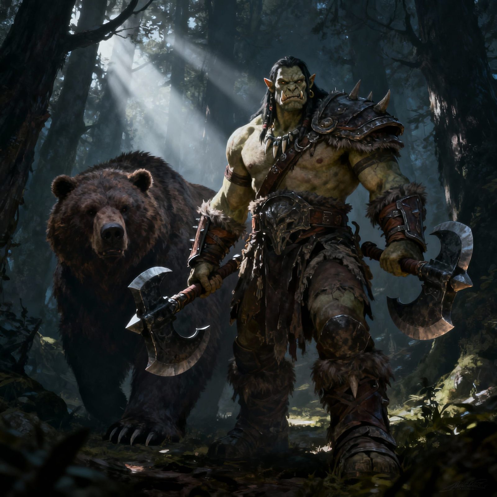 Rexxar and Misha in a Dark Forest - Warcraft Art Style