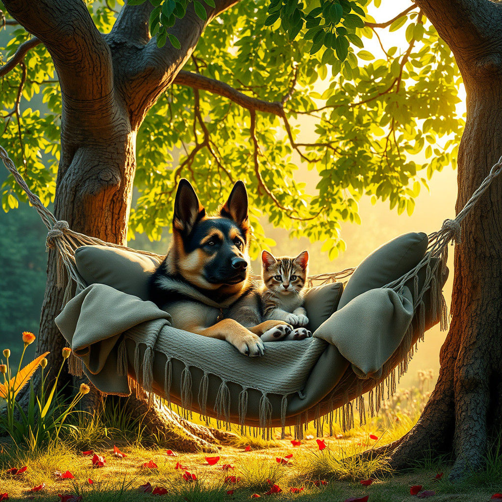 German Shepherd and Kitten in Hammock, Fantasy Art